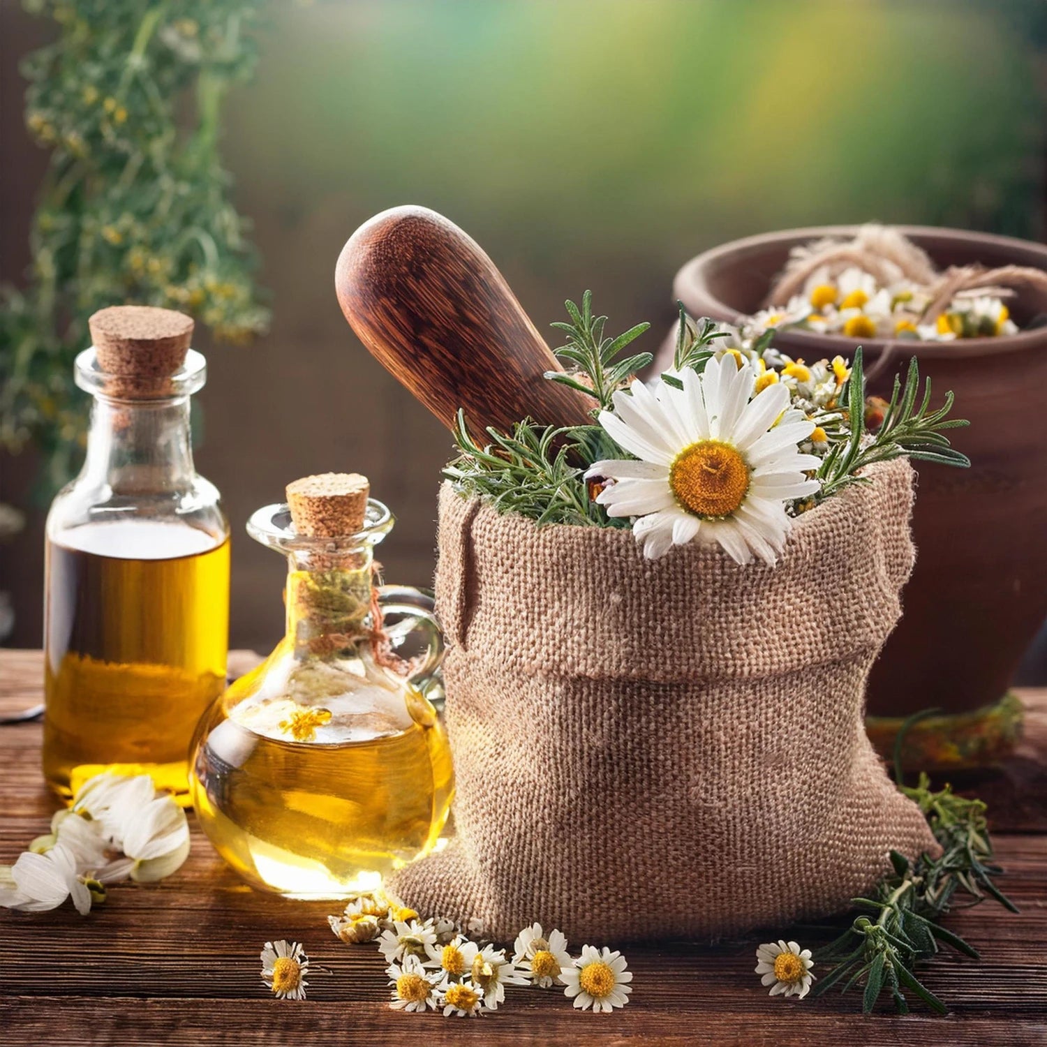 Two glass bottles of oil with a wooden spoon and flowers on a wooden surface.