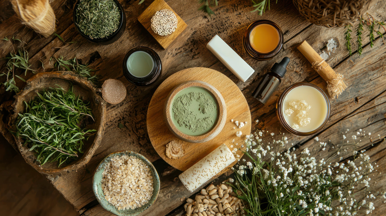 Herbal and natural products on a wooden surface with plants and flowers.