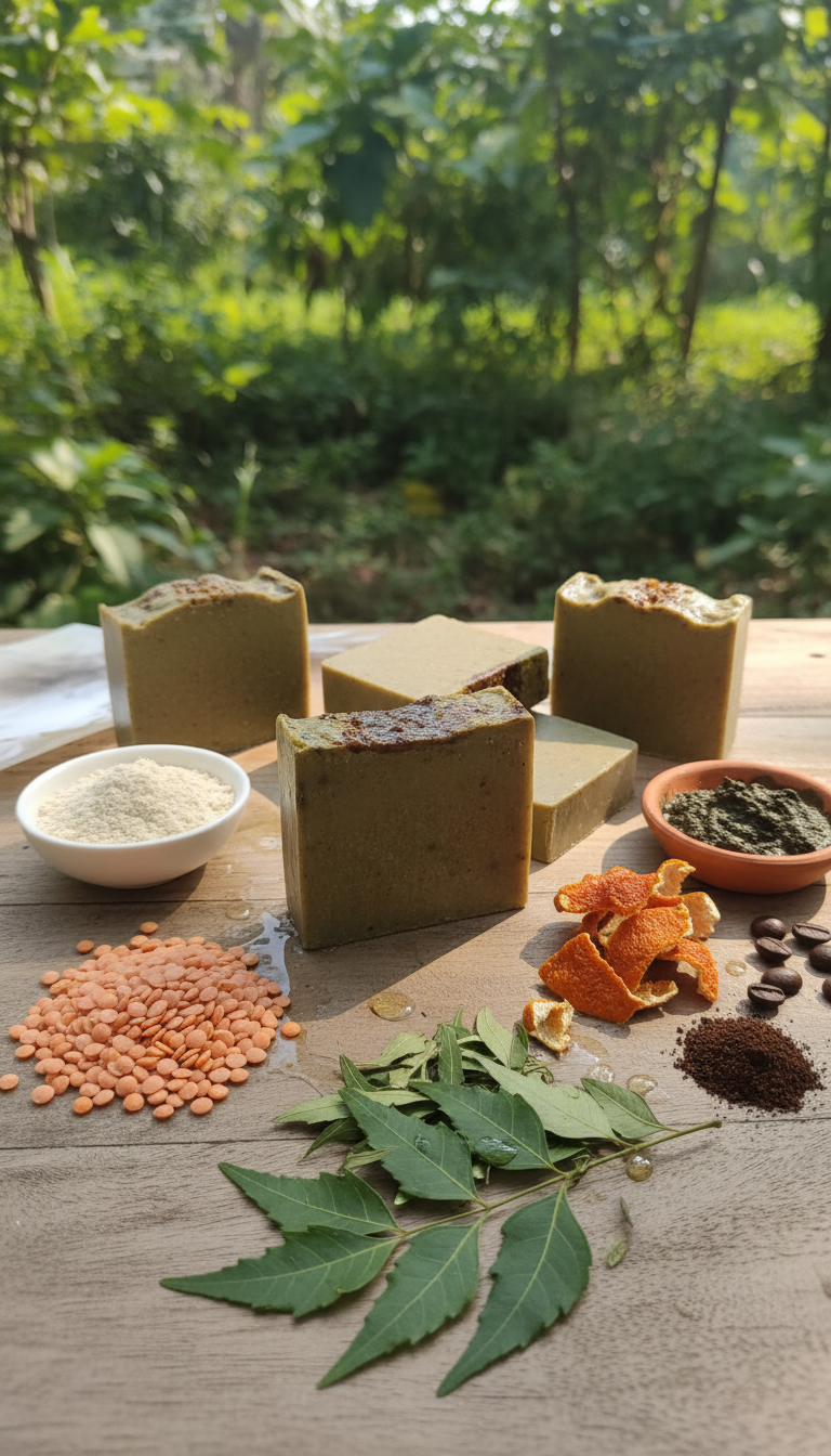 Natural soap bars with ingredients on a wooden surface outdoors