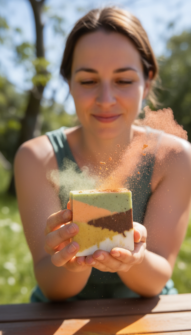 Woman holding a colorful layered cake outdoors