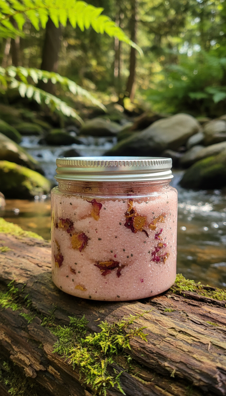 Jar of rose scrub with dried rose pallets on a log in a forest setting