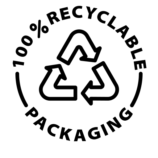 100% recyclable packaging symbol with text on a white background