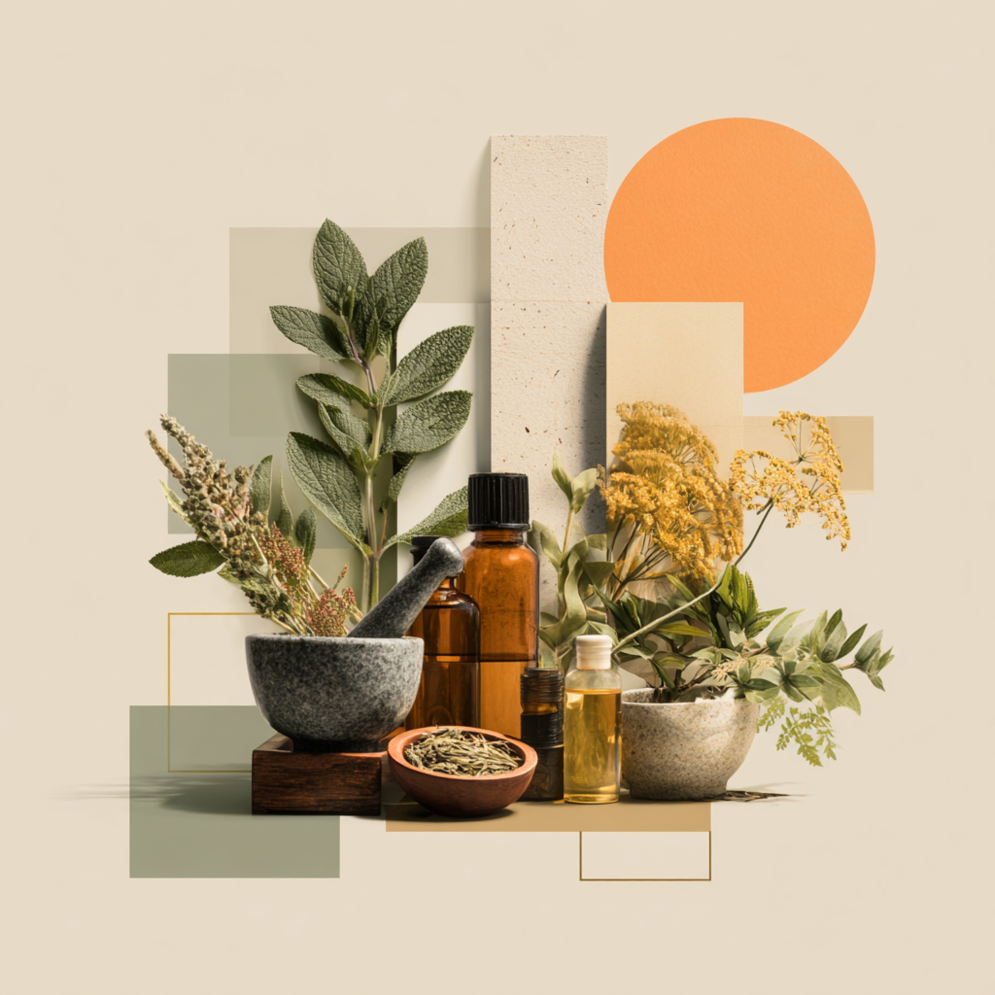 Herbal and natural products with plants on a neutral background